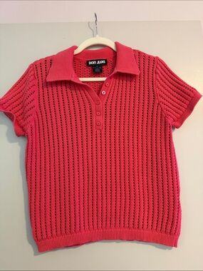Dkny Pink Open-Knit Polo V-Neck Sweater